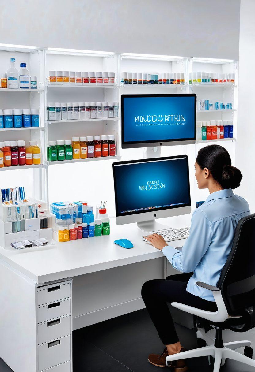 A modern online pharmacy workstation showcasing a person comfortably managing medications on a laptop, surrounded by colorful pill bottles and a smartphone displaying a health app. Include elements representing safety, such as a secure lock symbol. The background should feature soft, inviting colors to convey convenience and trust. super-realistic. vibrant colors. white background.