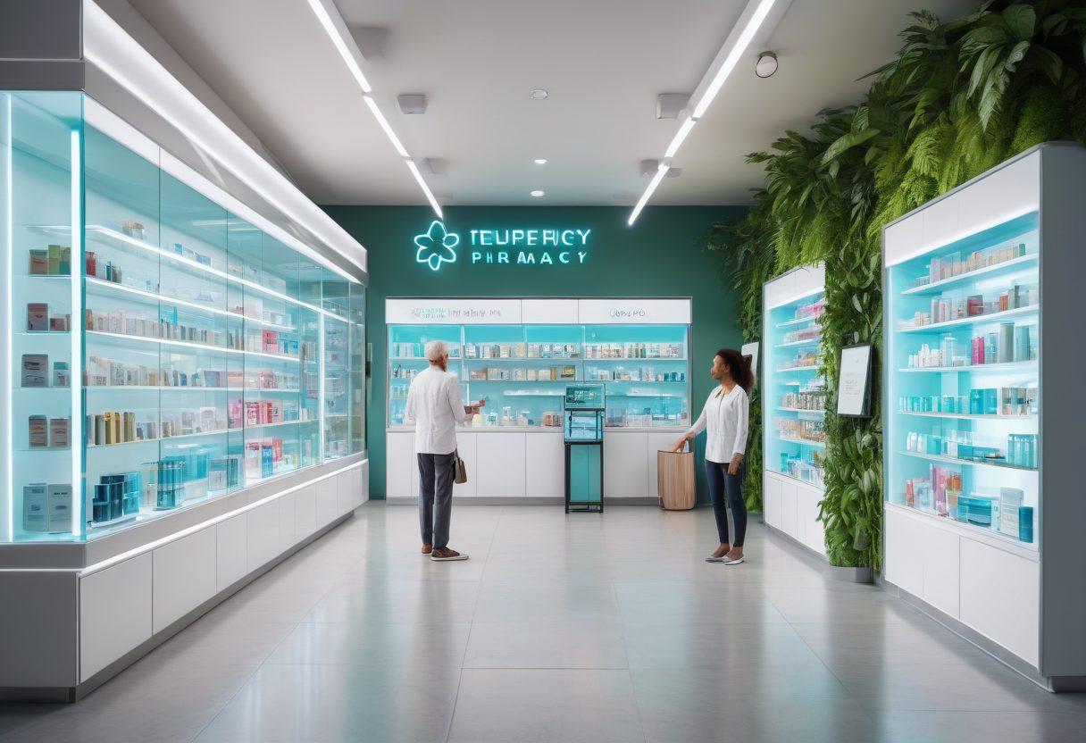 A futuristic pharmacy storefront with a sleek, modern design, showcasing digital screens displaying healthcare products, holographic assistants guiding customers, and virtual reality headsets on display. In the foreground, diverse individuals engage with interactive technology, highlighting convenience and accessibility. The setting is bright and inviting, with greenery for a wellness vibe. super-realistic. vibrant colors. 3D.